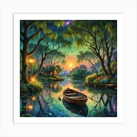 Beautiful Sunset Boat Trees Art Print