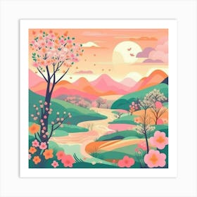 Landscape With Trees And Flowers Art Print