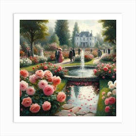 Rose Garden With The Fountain, Acrylic Style Painting 1 Art Print