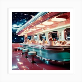 In A Retro Futuristic Diner On The Edge Of The Milky Way A Sundae Style Spaceship Descends Art Print