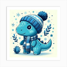 Blue Dinosaur With Hat And Scarf Canvas Print Art Print