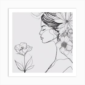 Drawing Of A Woman With Flowers Art Print