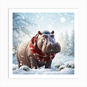 Adorable Hippo In Cozy Knit Cap And Scarf Surrounded By Gentle Snowfall Suggesting A Picturesque Wi Art Print