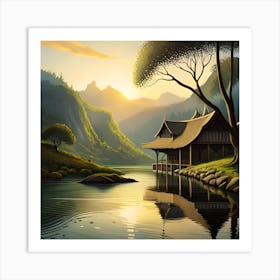 Asian House By The Lake Art Print