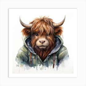 Watercolour Cartoon Yak In A Hoodie 1 Art Print