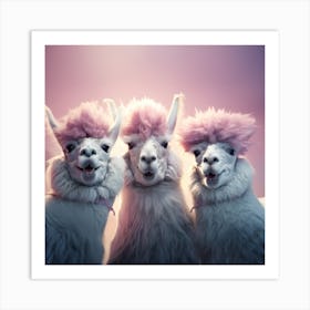 Portrait of Three Lamas With Pink Hair Art Print