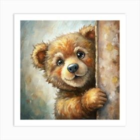 Cute Bear Cub Peeking From Behind A Tree Art Print