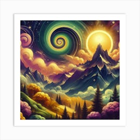 Mountain With Spiral Moon Sun Large Tree 3 Art Print