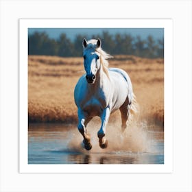 White Horse Running In Water Art Print