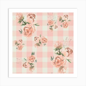 Gingham Ditsy Watercolor Flowers Art Print