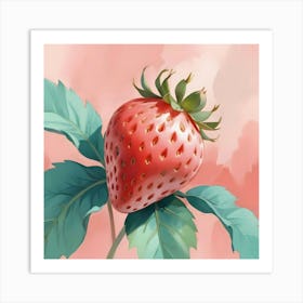 A Single, Red Strawberry With Green Leaves Is Painted Against A Pink Background With Soft, Brushstroke Like Textures Art Print