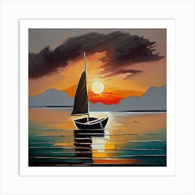 Landscape painting, sunset, boat and sea, oil painting Art Print