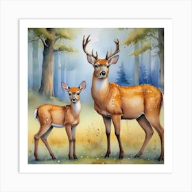 Deer And Fawn Watercolor Wildlife Art Print