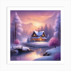 House In The Snow Watercolor Landscape 2 Art Print