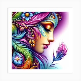 Colorful Girl With Feathers Art Print