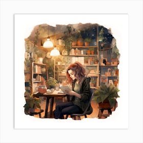 Girl Reading In Cosy Plant Filled Bookshop Watercolour Art Print