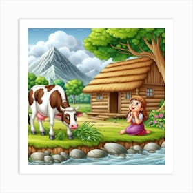 Illustration Of A Girl And A Cow Art Print