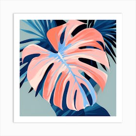 Monstera Leaf, Tropical Leaves, pleasing colors of Peach and Blue, 1296 Art Print