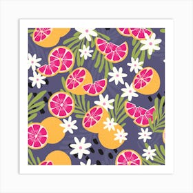 Grapefruit Pattern On Purple With Floral Decoration Square Art Print
