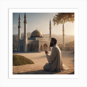 Man Praying In Front Of Mosque Art Print