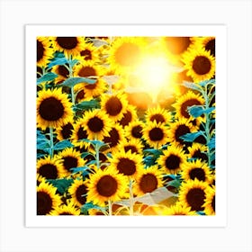 Sunflowers In A Field During Sunset Art Print