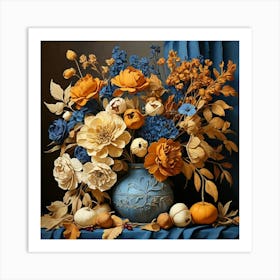 Still Life Ocher And Blue Autumn Flowers Art Print Art Print