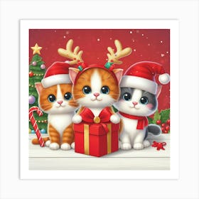 3 Cute Christmas Cats Illustration Art Print