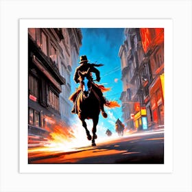 Man Riding A Horse In A City Art Print