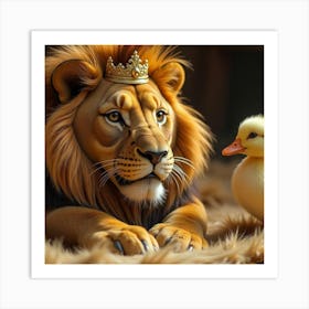 Regal Companions: A Lion and a Duckling Art Print