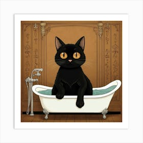 Default Black Cat On Bathtub Brown Black Bathroom Art Print 0 Art Print