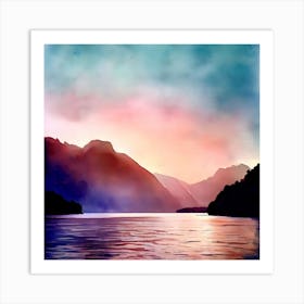 Watercolor Of A Lake, Fiordland National Park 2 Art Print