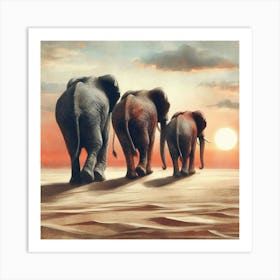 Elephants At Sunset Art Print