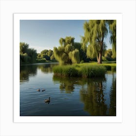 A Serene Riverbank With Willow Trees And Ducks Swimming In The Water 2 Art Print