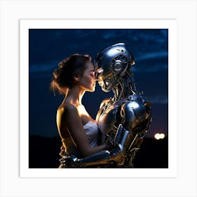 A Couple One Human And One Robotic Share A Tender Kiss Under The Soft Glow Of A Moonlit Sky Art Print