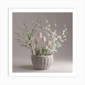 White Tulips In A Basket Art Print