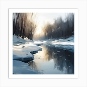 Winter Woodland Landscape, River Reflections 1 Art Print