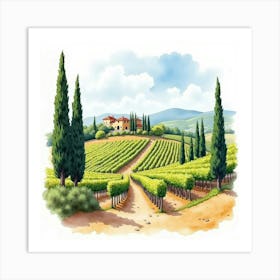 Classic Tuscan Landscape In Watercolor, Showcasing Vineyards And Cypress Trees 1 Art Print