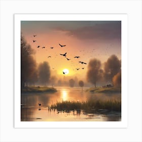 Sunset With Birds Art Print