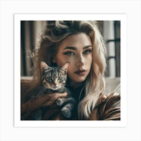 Portrait Of A Woman Holding A Cat Art Print