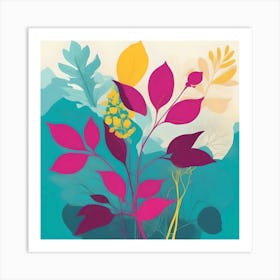 Silhouette of Botanical Illustration, Turquoise, Fuchsia and Yellow Art Print