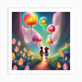 Two Children Walking Through A Forest Art Print