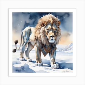 White Winter lion art Watercolor Art Print