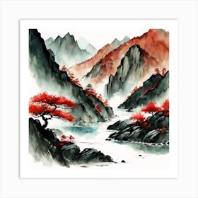 Chinese Landscape Mountains Ink Painting (53) Art Print
