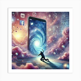 Surreal Image Of A Person Trying To Escape From Their Smartphone In A Dreamlike Scene Art Print