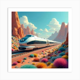 Streamlined Futuristic Train Passing Through A Colorful Futuristic Valley 1 Art Print