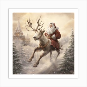 Santa Claus On Reindeer Art Print