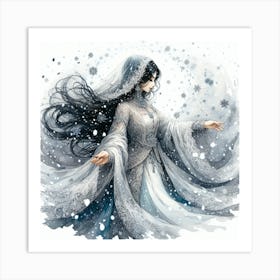 In A Wintry Wonderland A Graceful Lady Watercolor Art Print