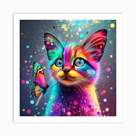 Colorful Cat With Butterfly Art Print