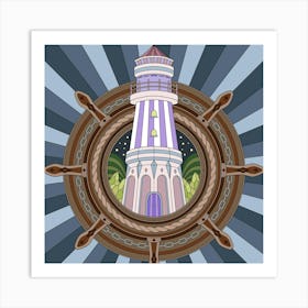 Lighthouse In The Ship'S Wheel Art Print