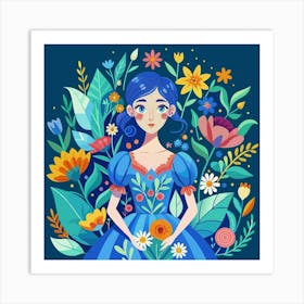 Watercolor Floral Girl In Blue Dress Art Print Art Print